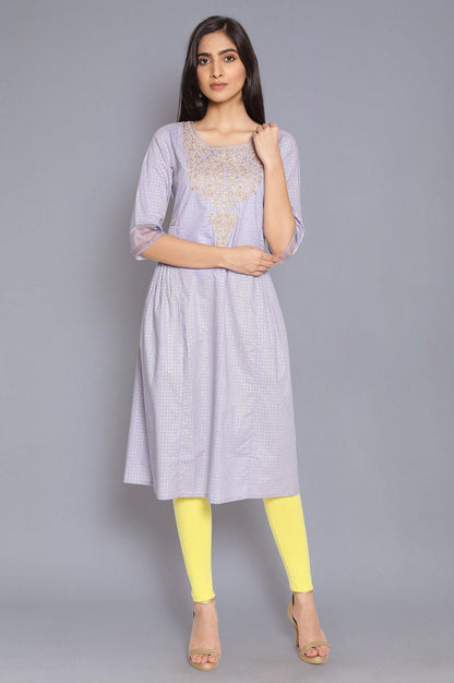 Periwinkle Blue Printed kurta with Embroidery - wforwoman