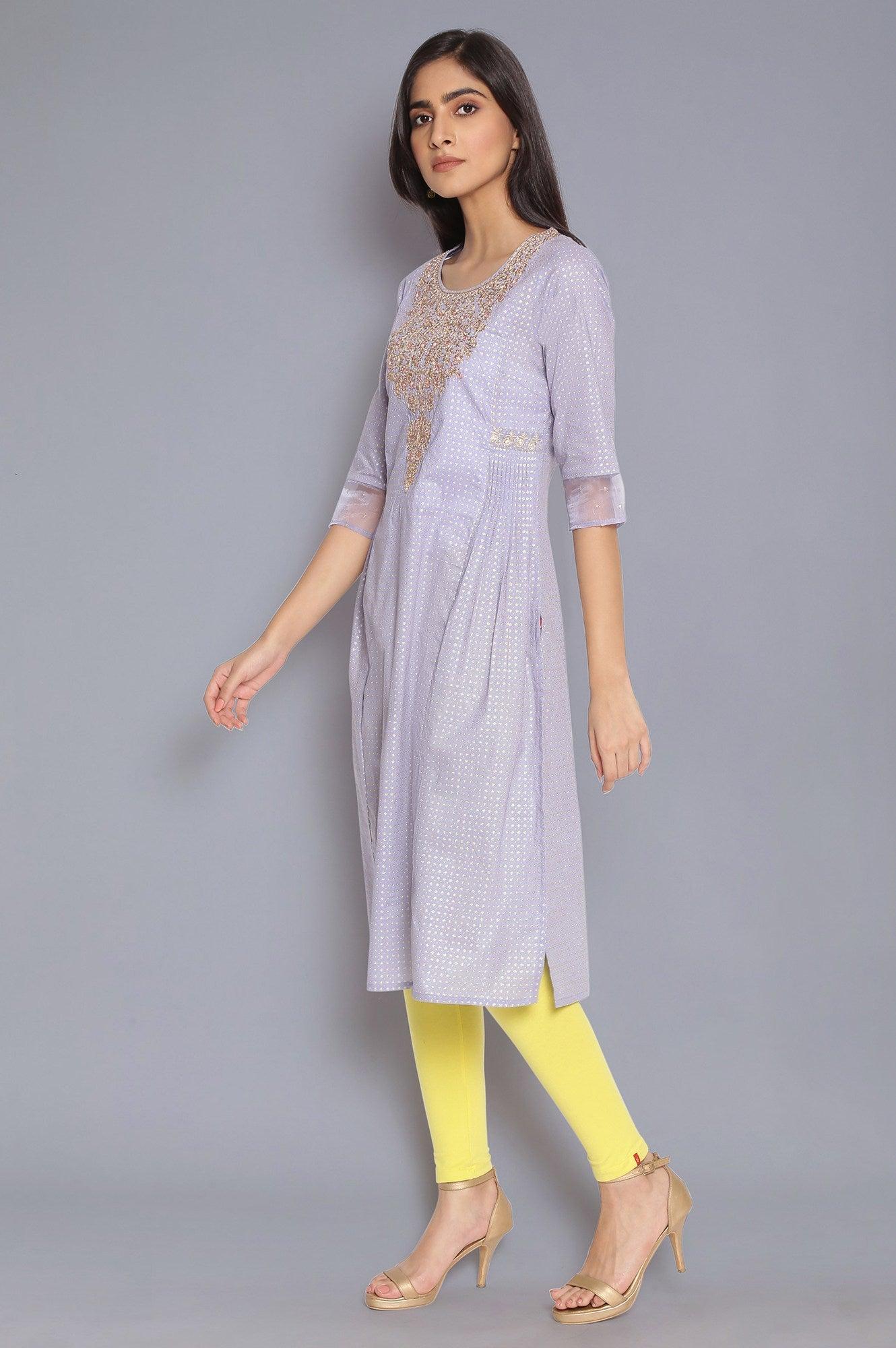 Periwinkle Blue Printed kurta with Embroidery - wforwoman
