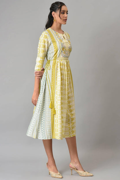 Ecru Gathered Dress With Soft Multi-Coloured Prints - wforwoman