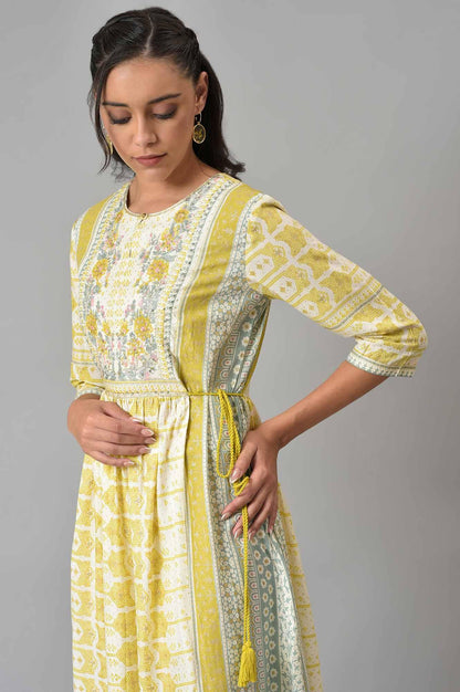 Ecru Gathered Dress With Soft Multi-Coloured Prints - wforwoman