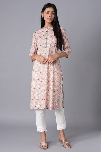 Pink Printed kurta with Embroidery