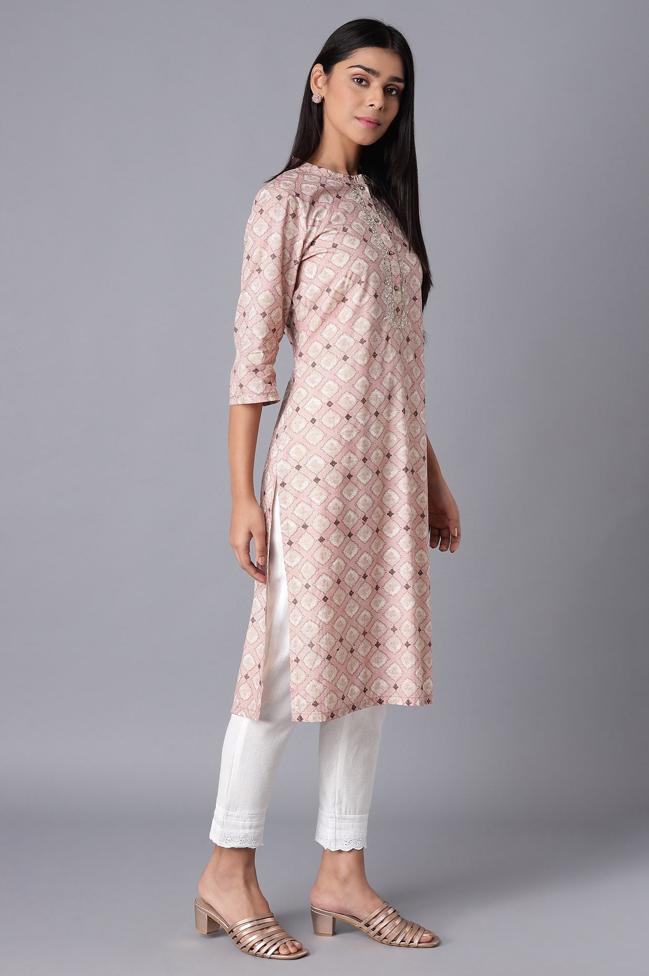 Pink Printed kurta with Embroidery