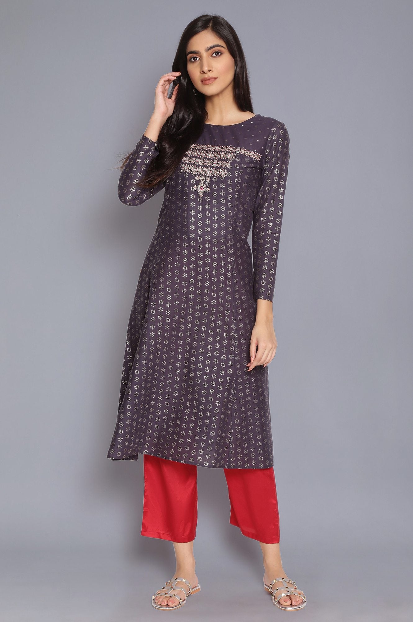 Navy Blue Printed kurta with Embroidery