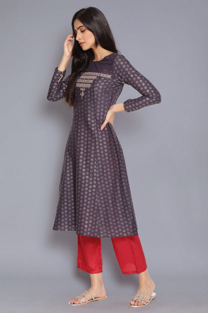 Navy Blue Printed kurta with Embroidery