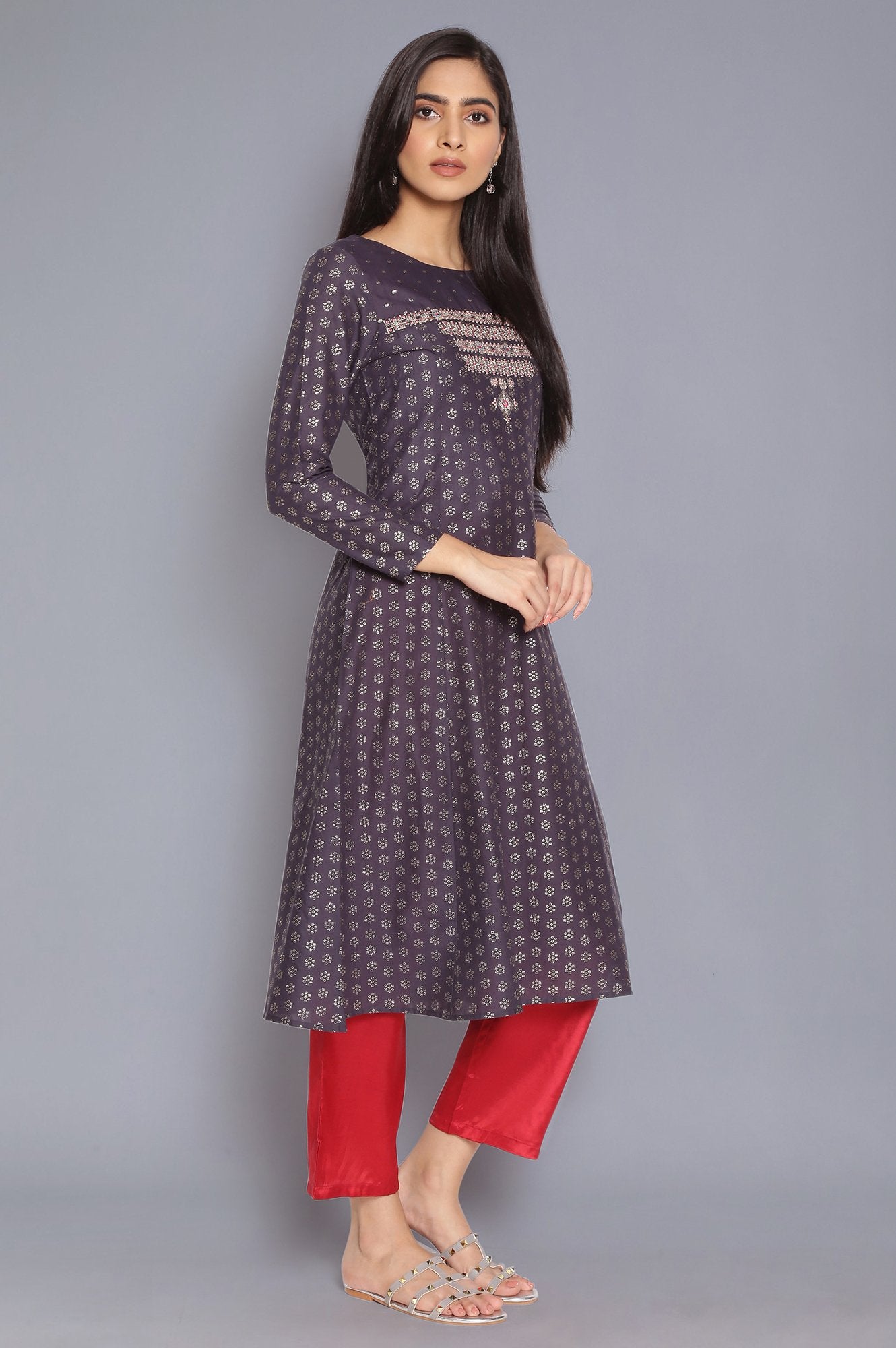 Navy Blue Printed kurta with Embroidery