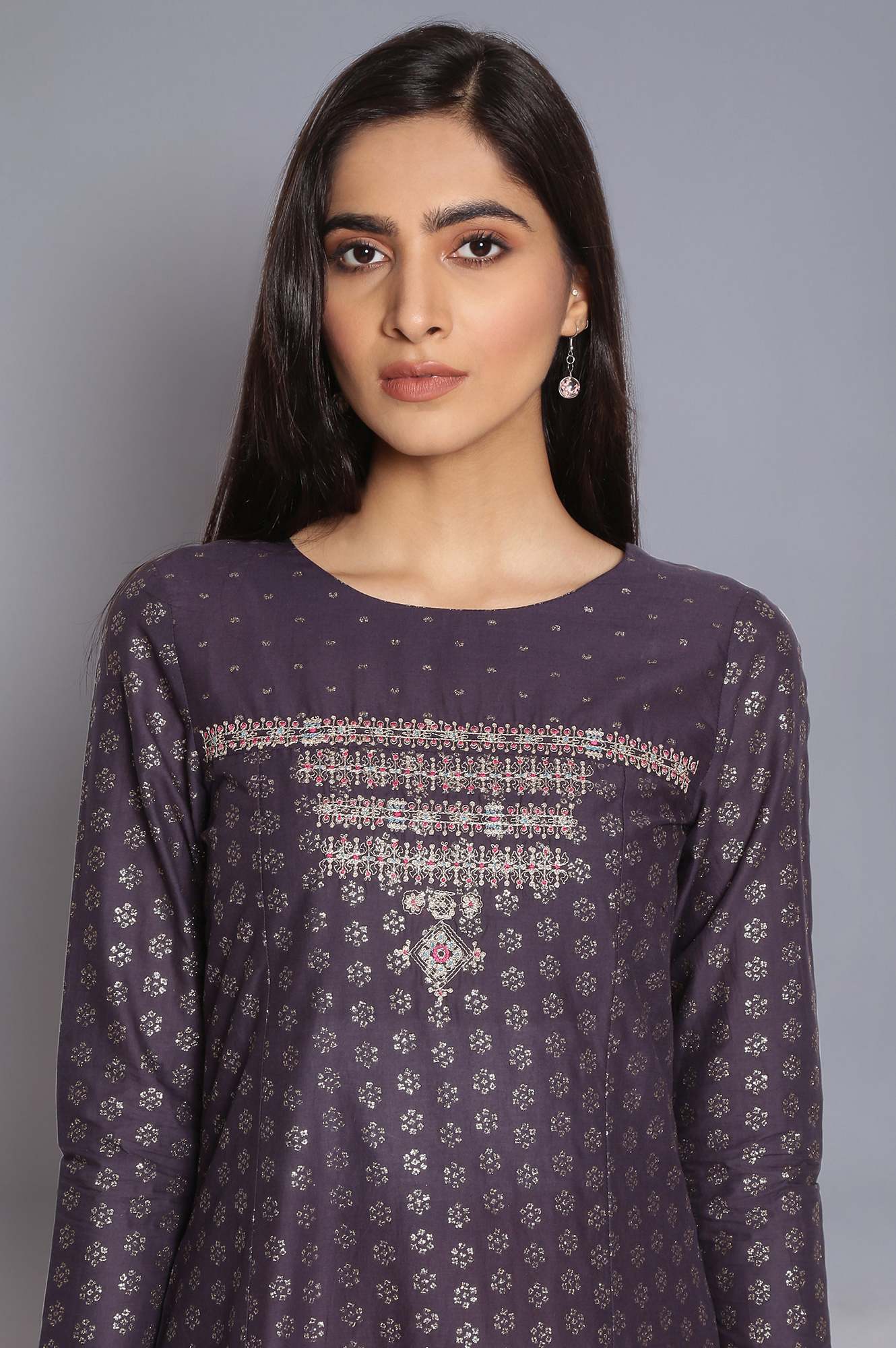 Navy Blue Printed kurta with Embroidery