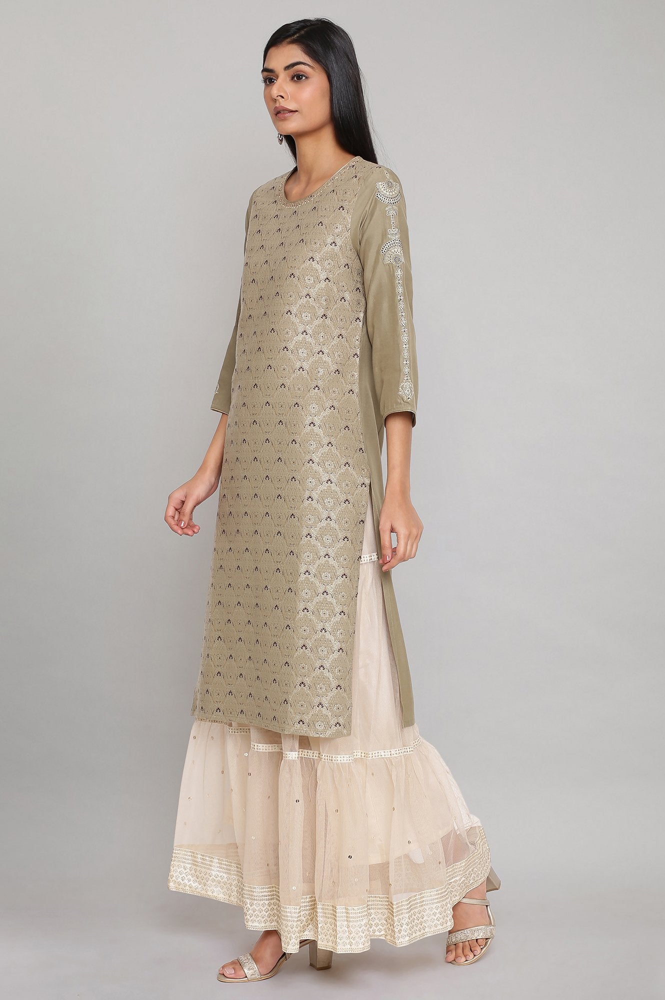 Sage Green Jacquard kurta with Embroidery