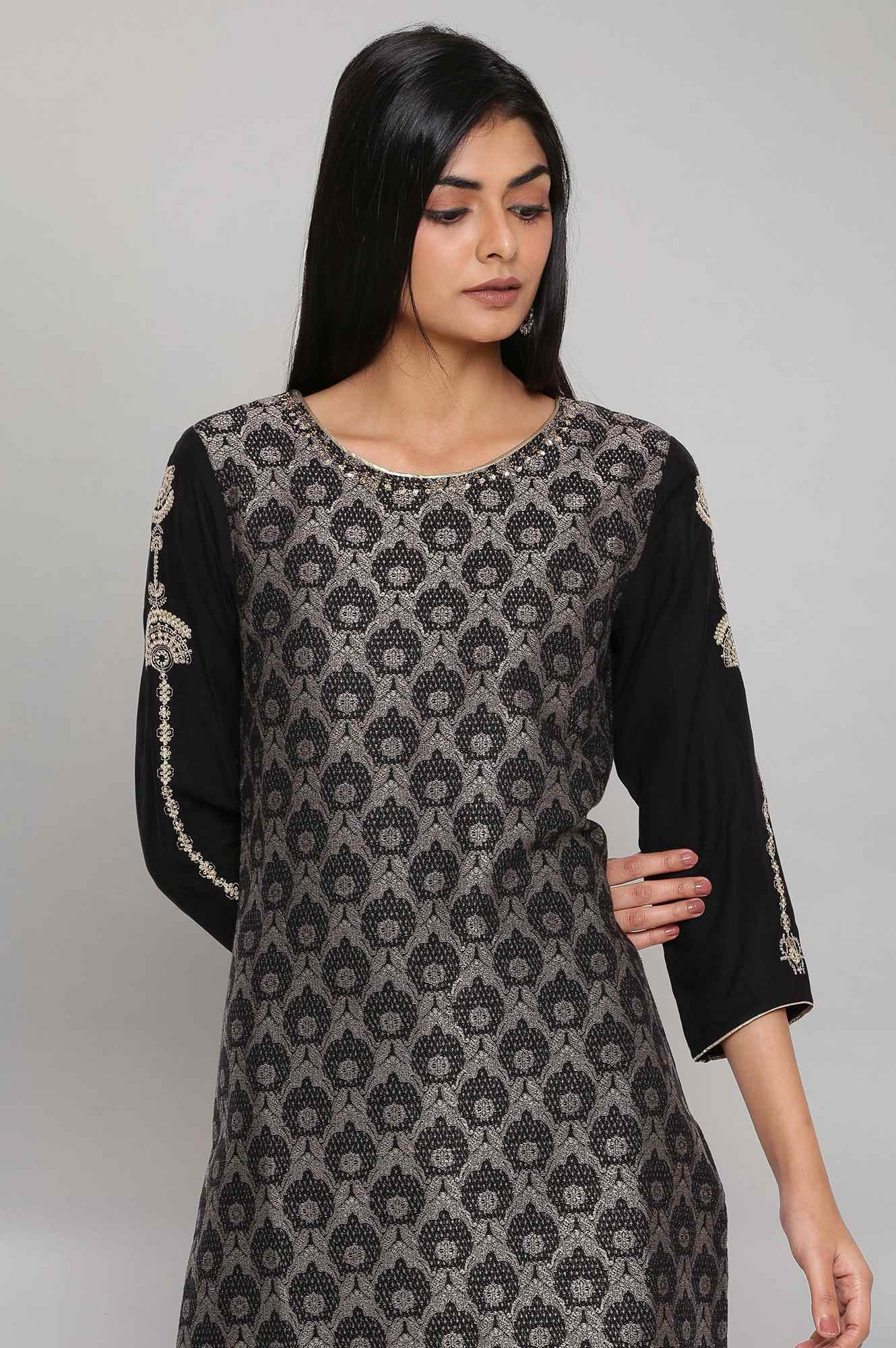 Black Jacquard kurta with Embroidery - wforwoman