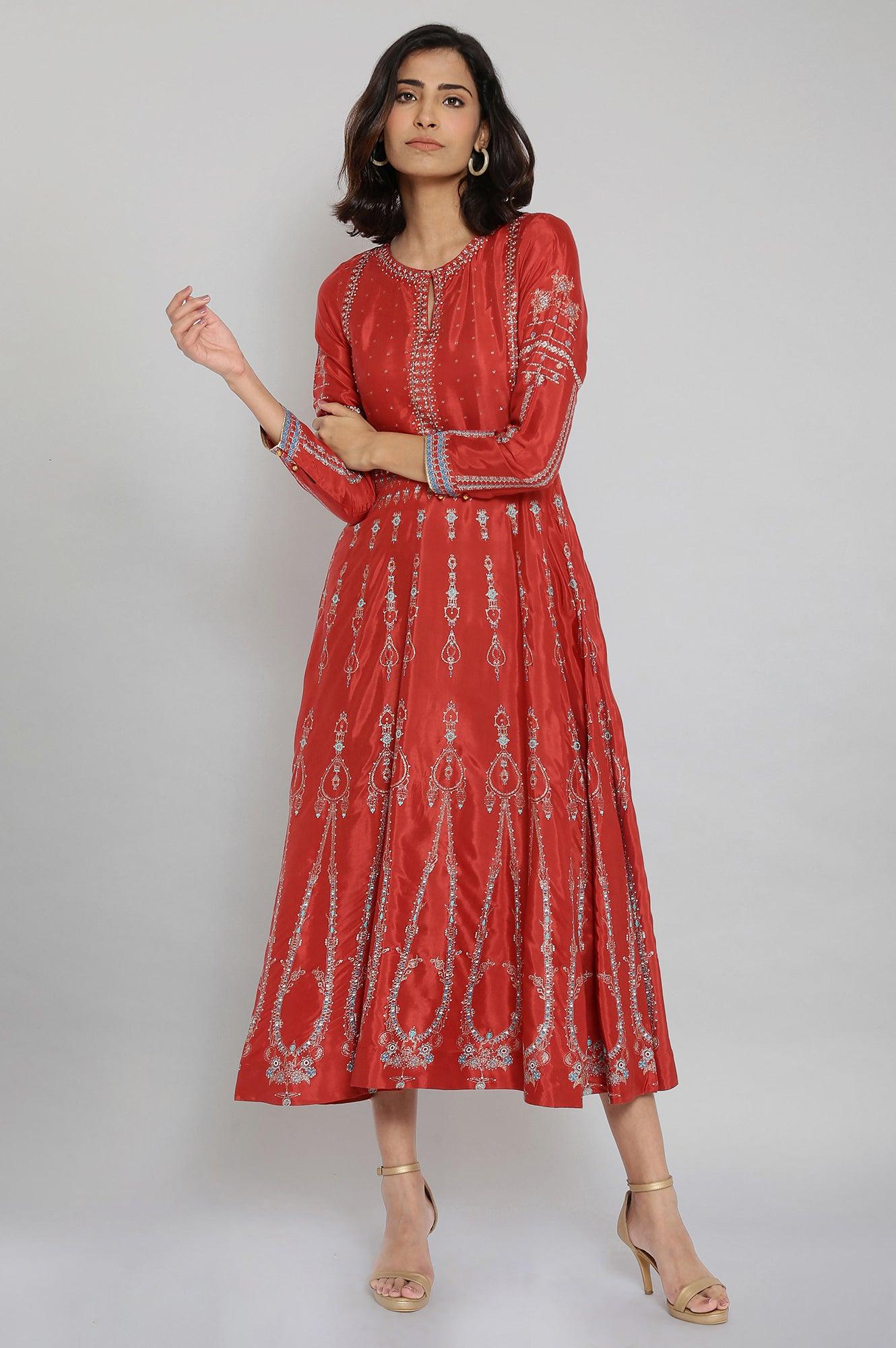 Rust Red Printed Dress with Embroidery - wforwoman