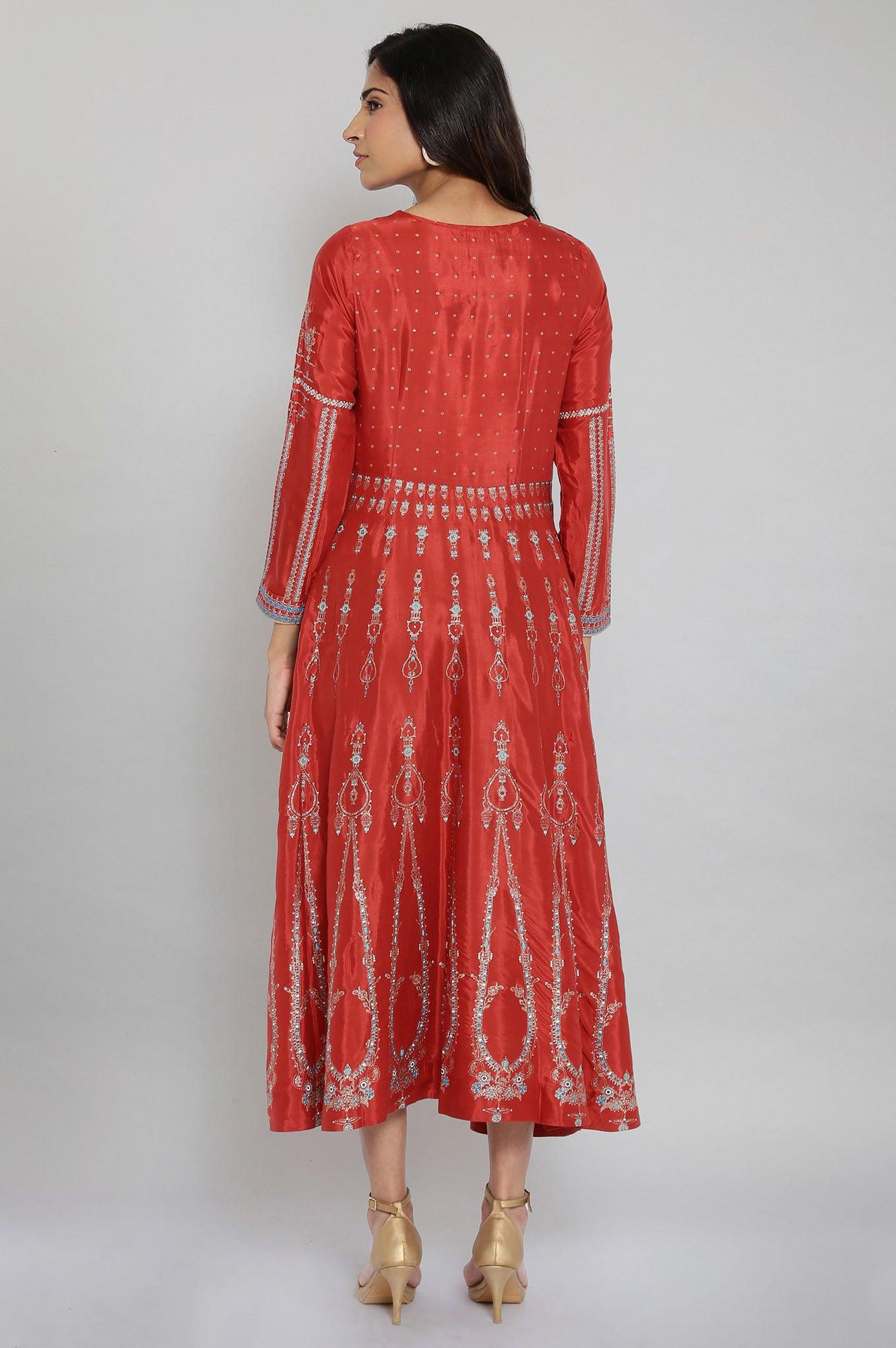Rust Red Printed Dress with Embroidery - wforwoman