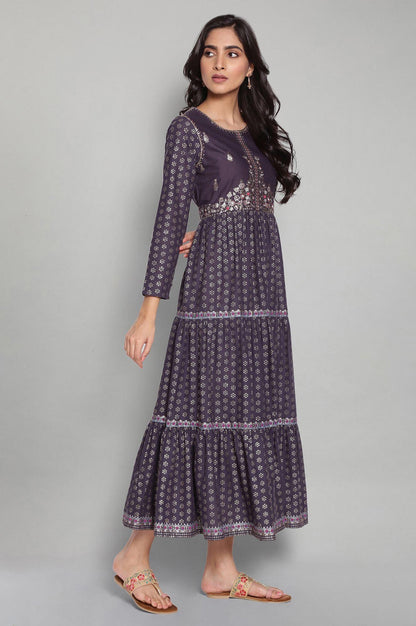 Navy Blue Printed Dress with Embroidery - wforwoman
