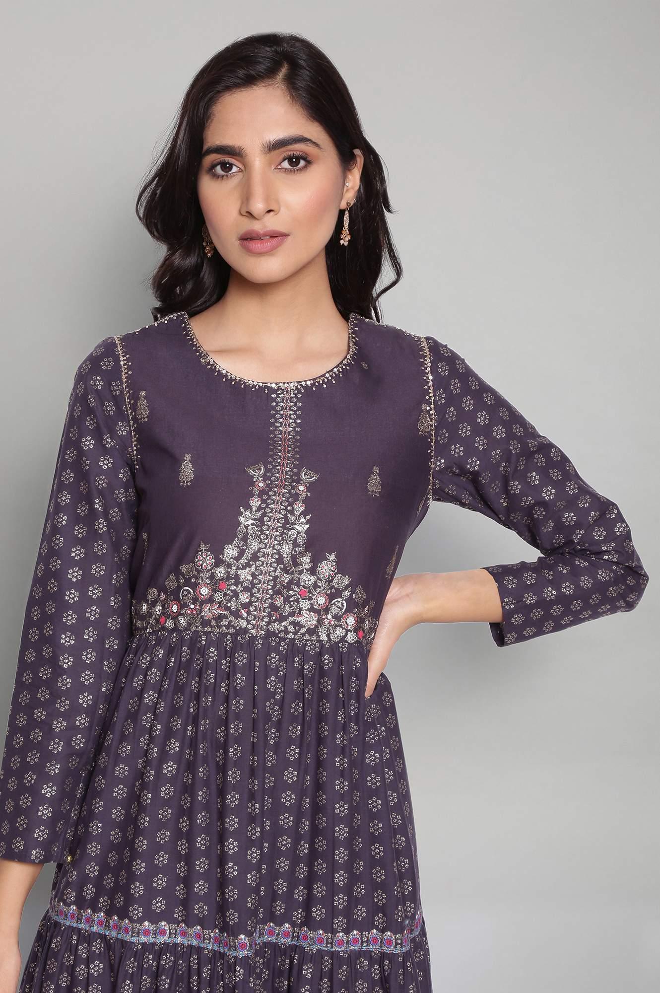 Navy Blue Printed Dress with Embroidery - wforwoman