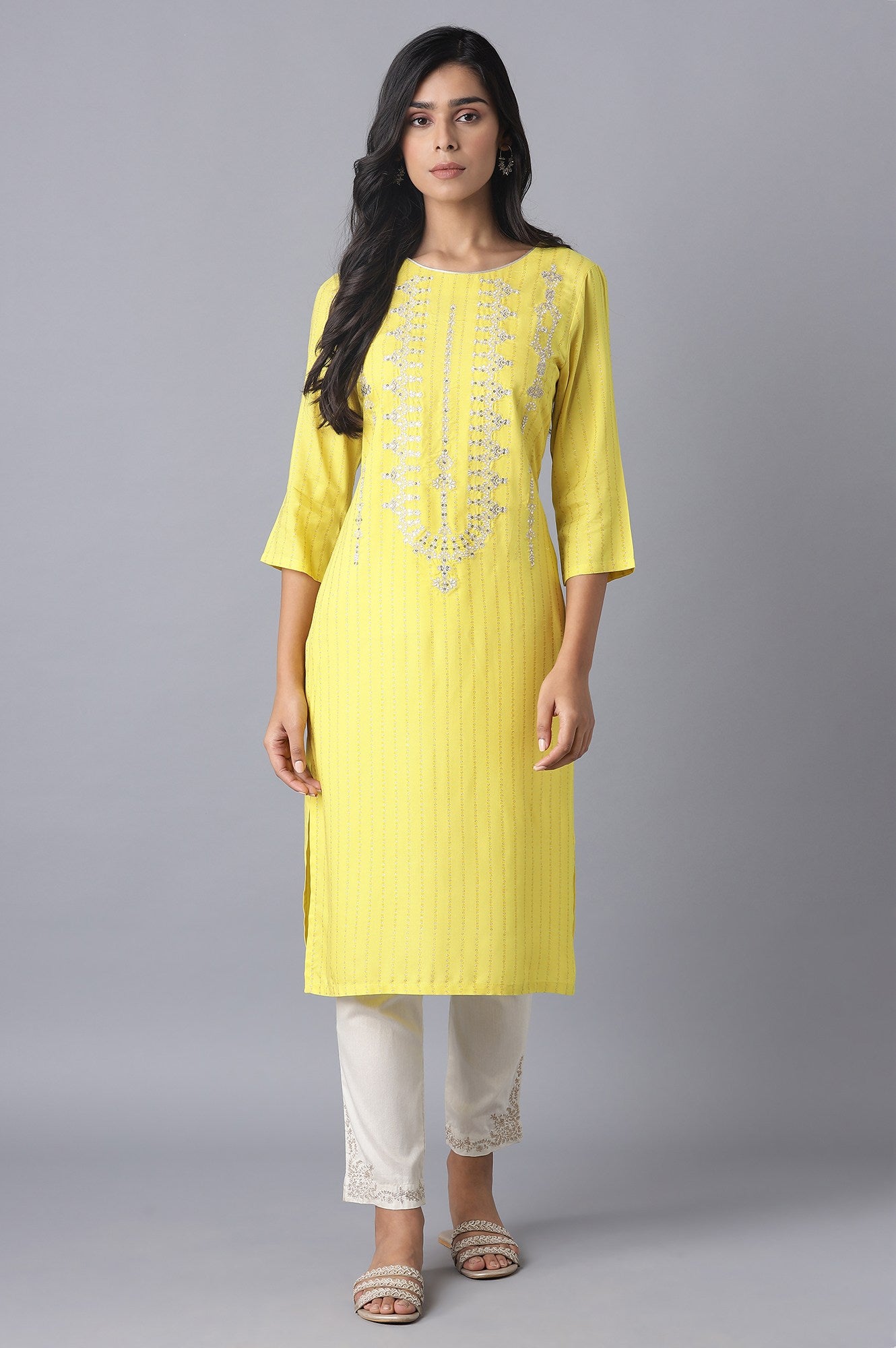 Yellow Printed kurta with Embroidery