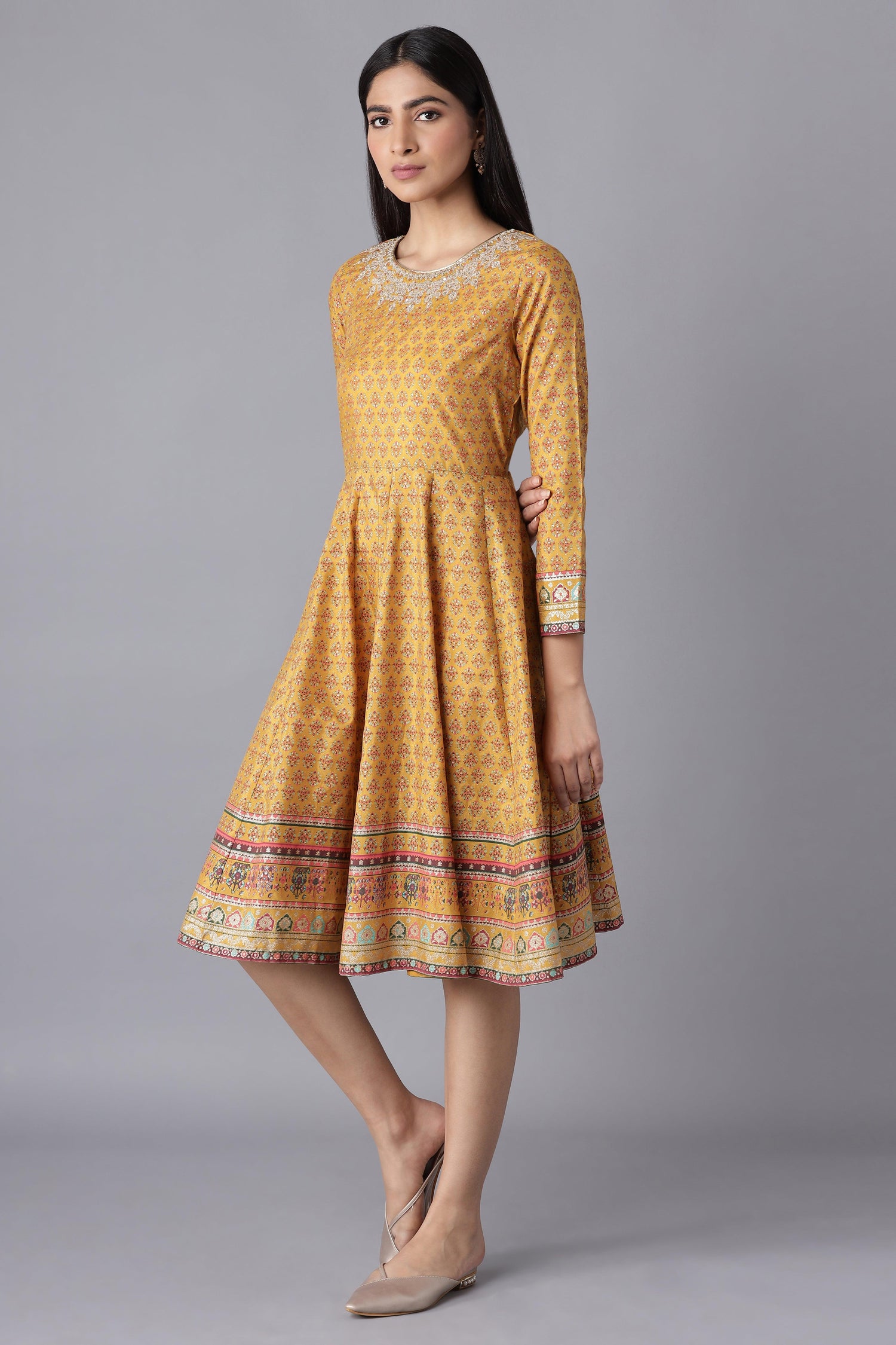 Chrome Yellow Printed kurta with Embroidery - wforwoman
