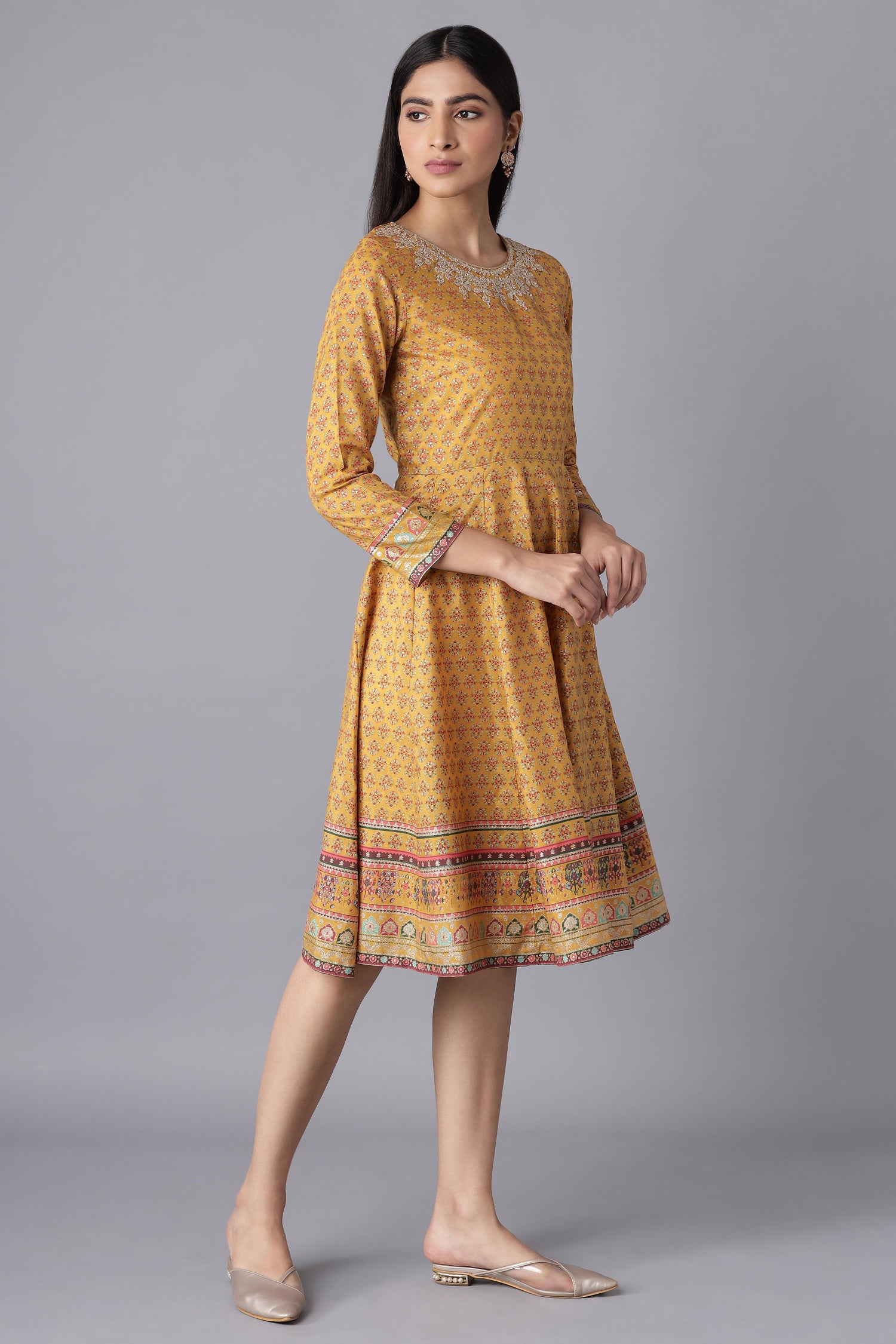 Chrome Yellow Printed kurta with Embroidery - wforwoman