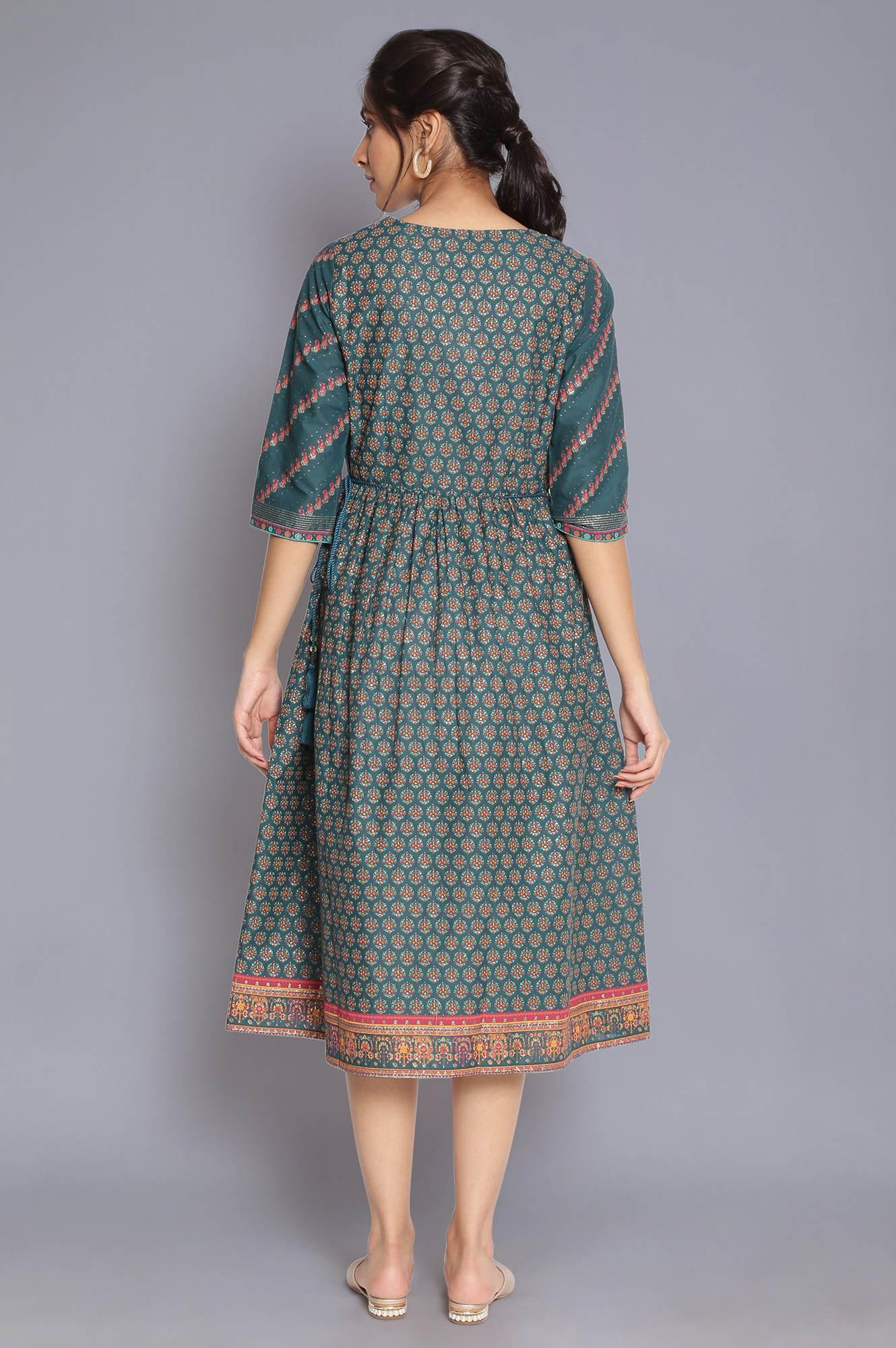 Deep Green Printed Dress with Sequin - wforwoman
