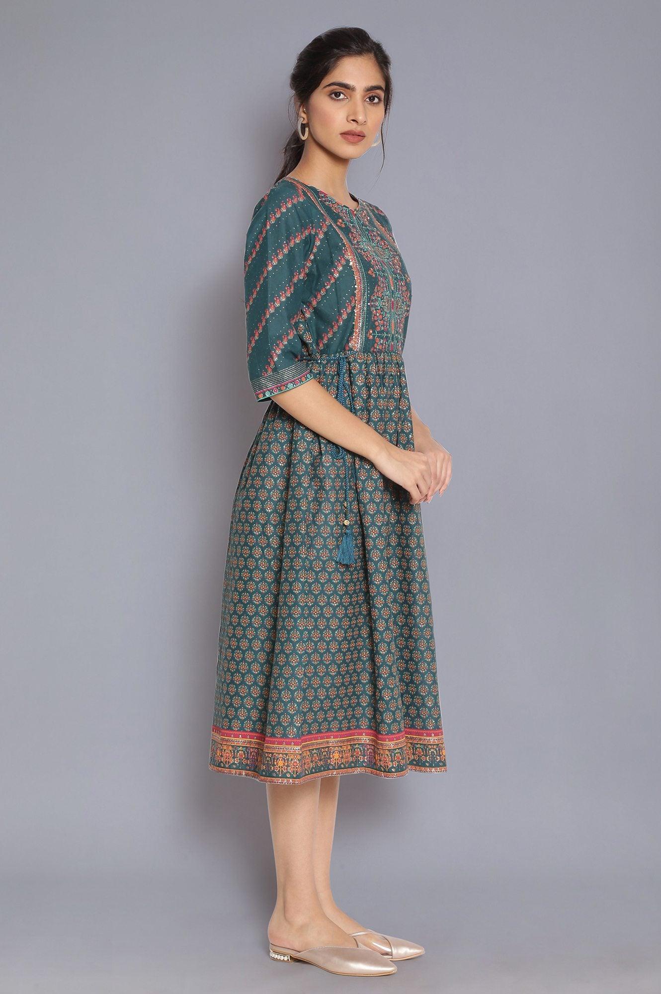 Deep Green Printed Dress with Sequin - wforwoman