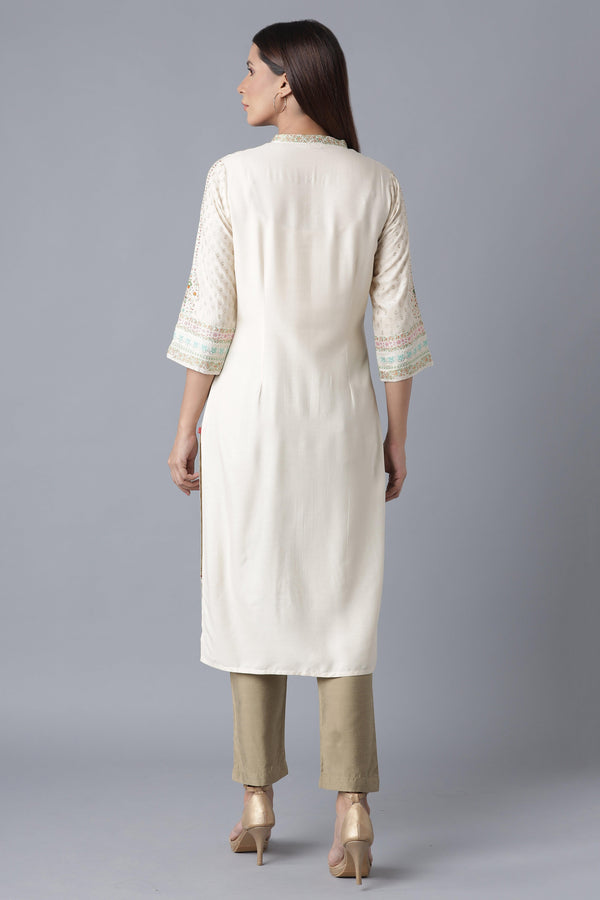 Ecru Floral Print kurta with Sequin