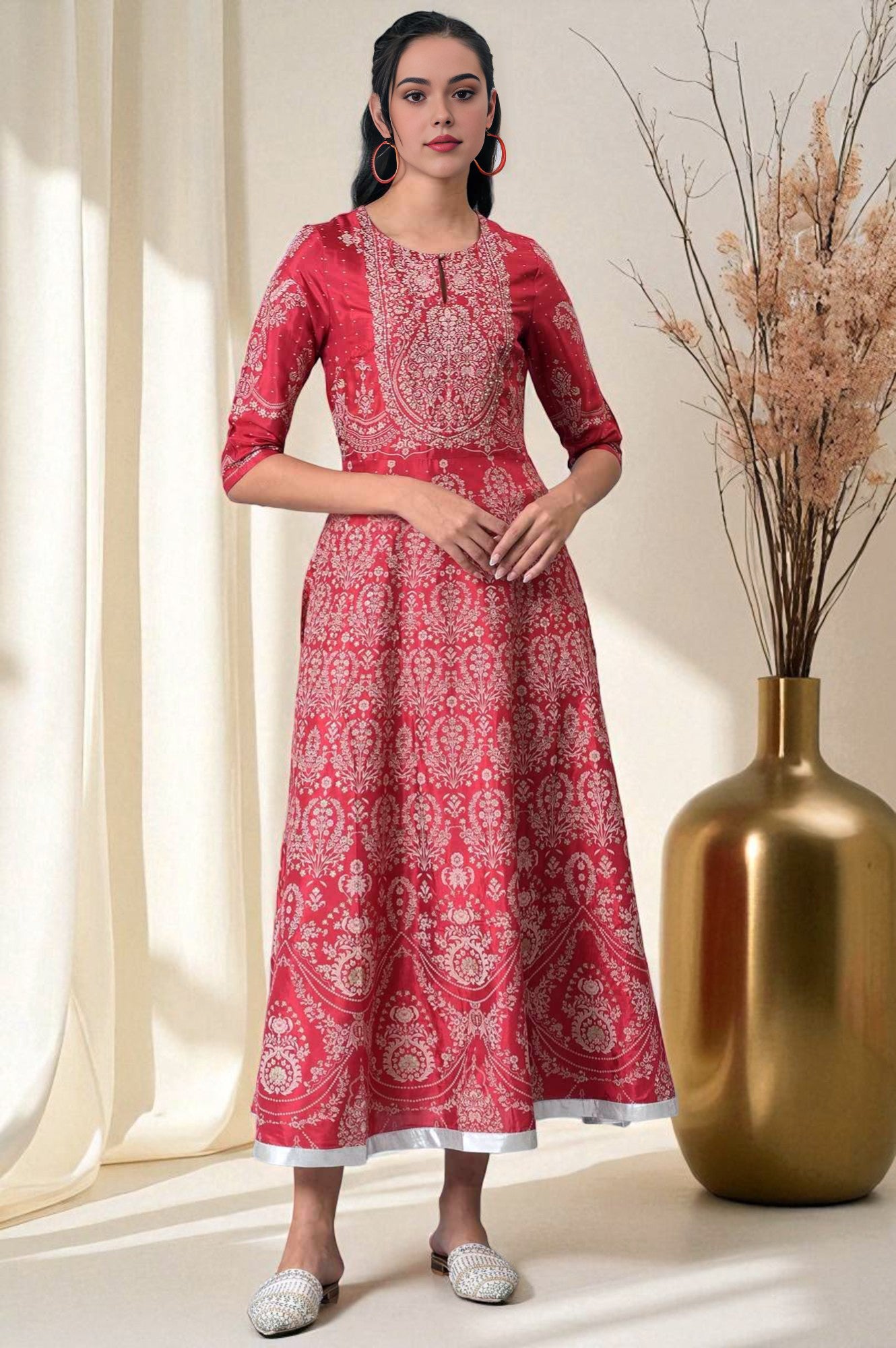Maroon Floral Printed Flared Shantung Festive Dress