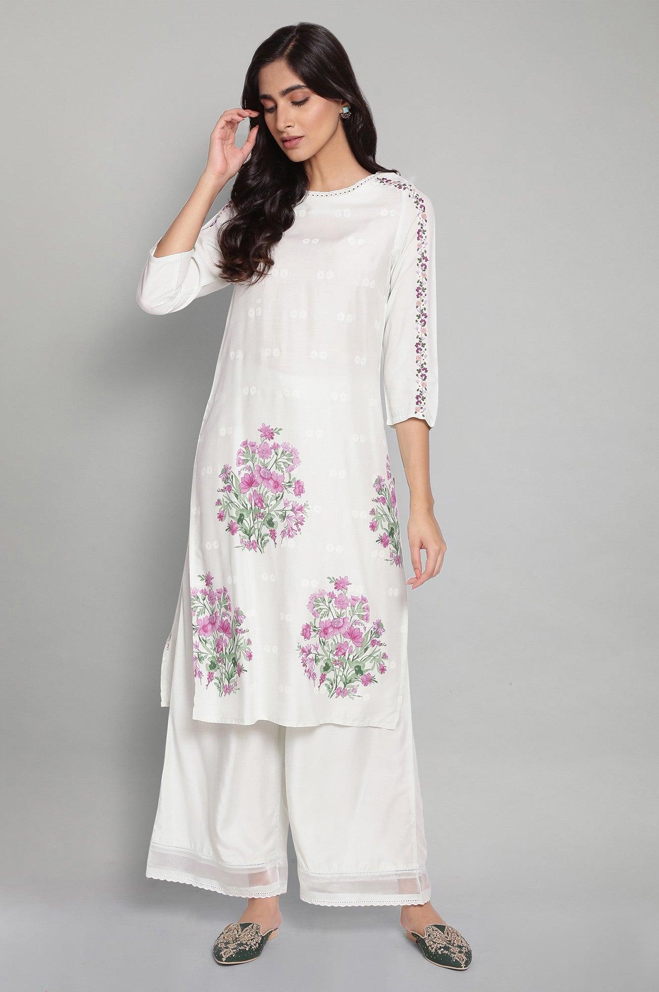 Light Blue Printed kurta with Embroidery and Lace - wforwoman