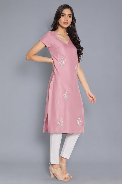 Pink Straight kurta with Embroidery