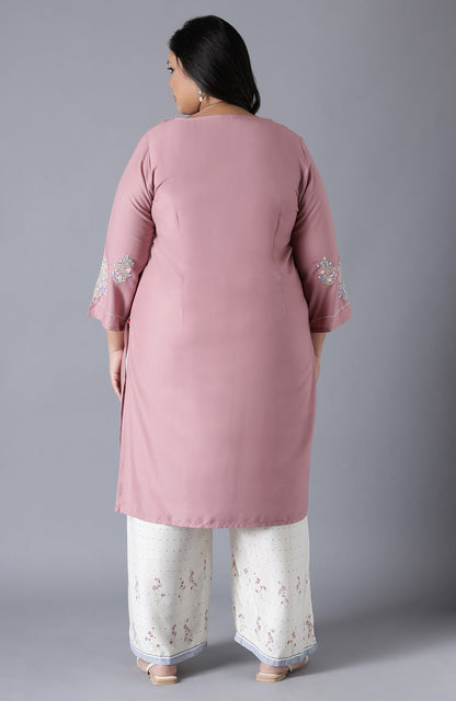 Pink Straight kurta with Embroidery