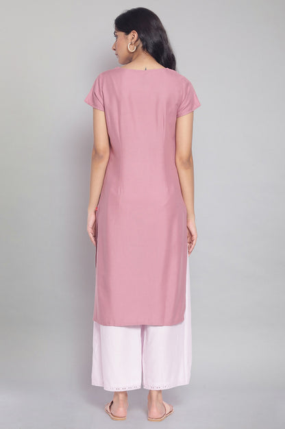 Pink Straight kurta with Embroidery