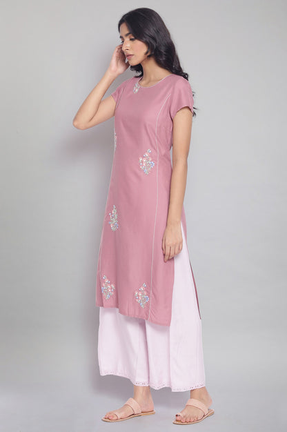 Pink Straight kurta with Embroidery