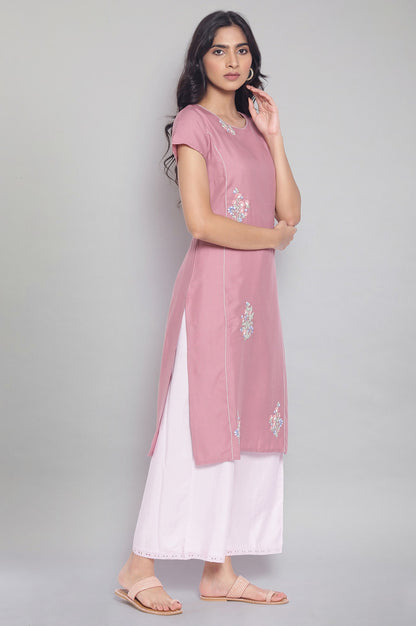 Pink Straight kurta with Embroidery