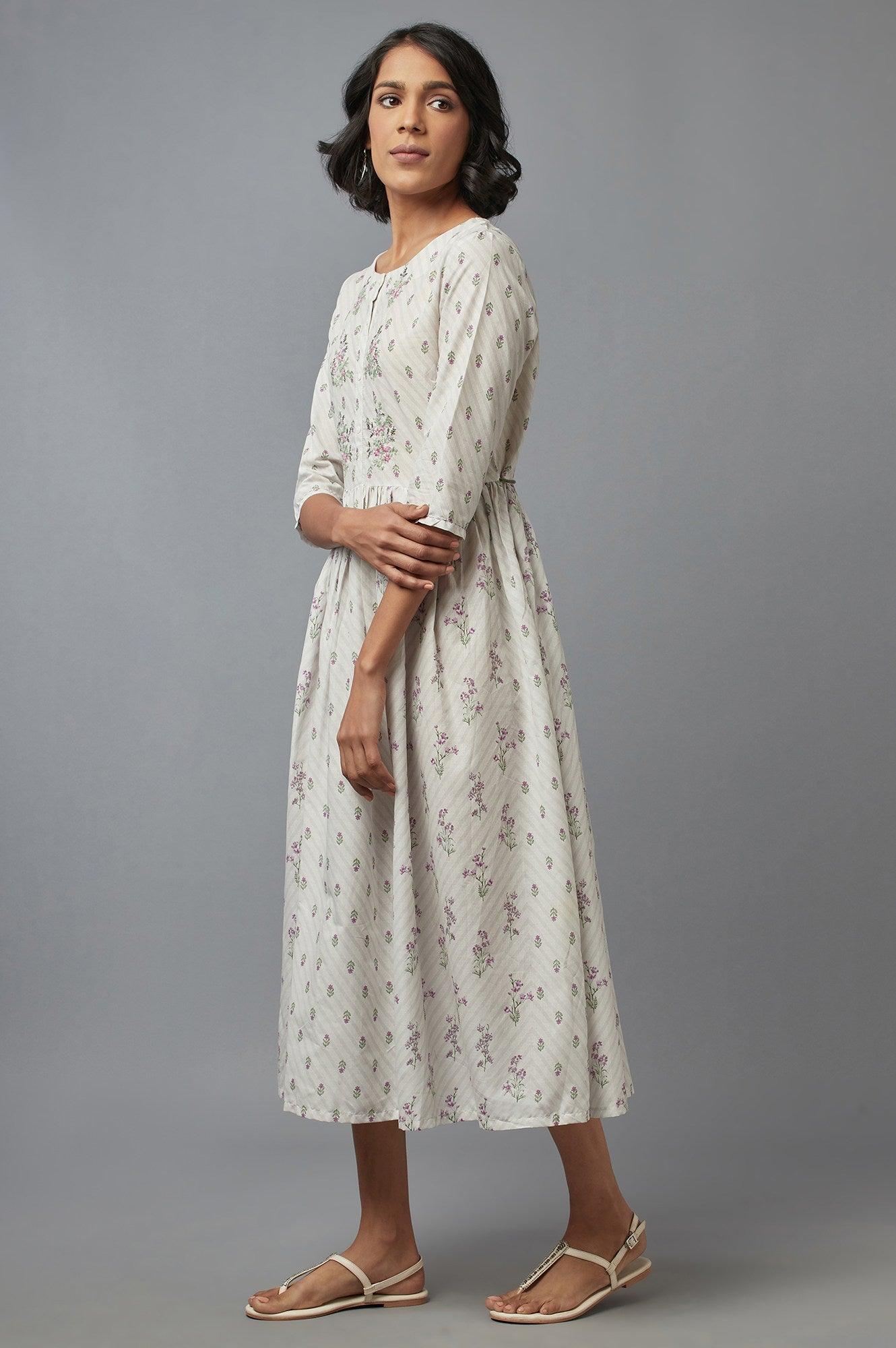 Ecru Gathered Dress with Embroidery - wforwoman