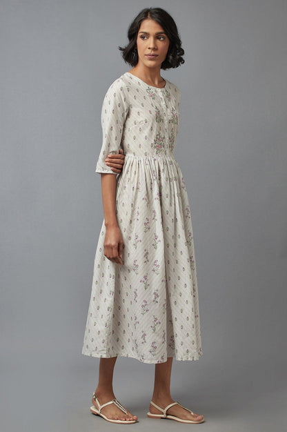 Ecru Gathered Dress with Embroidery - wforwoman