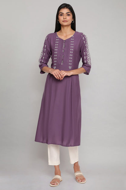 Purple Printed kurta with Embroidery