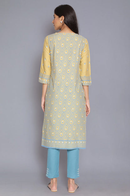 Pale Yellow and Stone Blue kurta