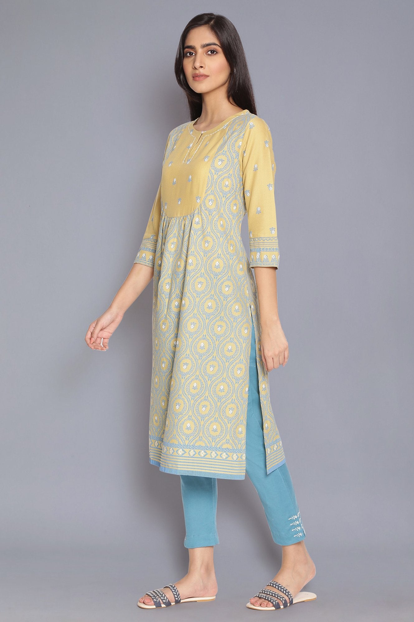 Pale Yellow and Stone Blue kurta