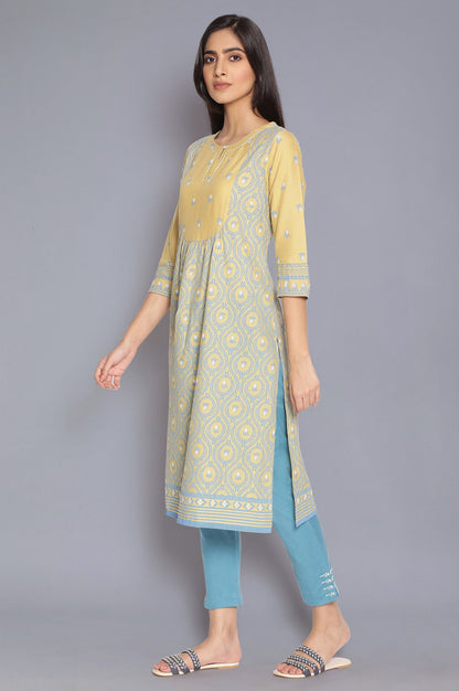 Pale Yellow and Stone Blue kurta