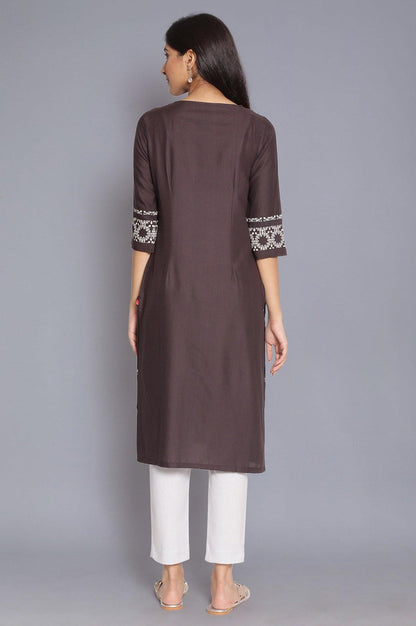 Dark Grey Printed kurta with Embroidery - wforwoman