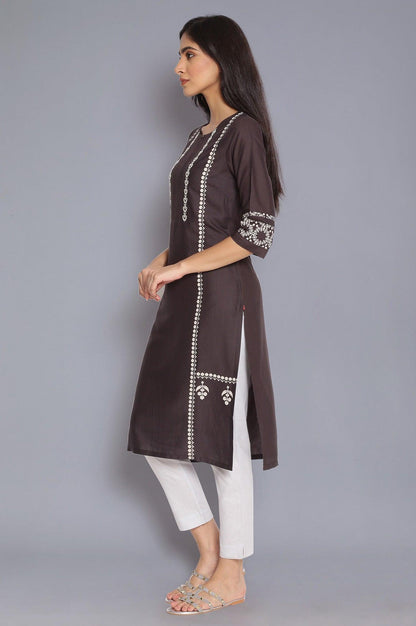 Dark Grey Printed kurta with Embroidery - wforwoman