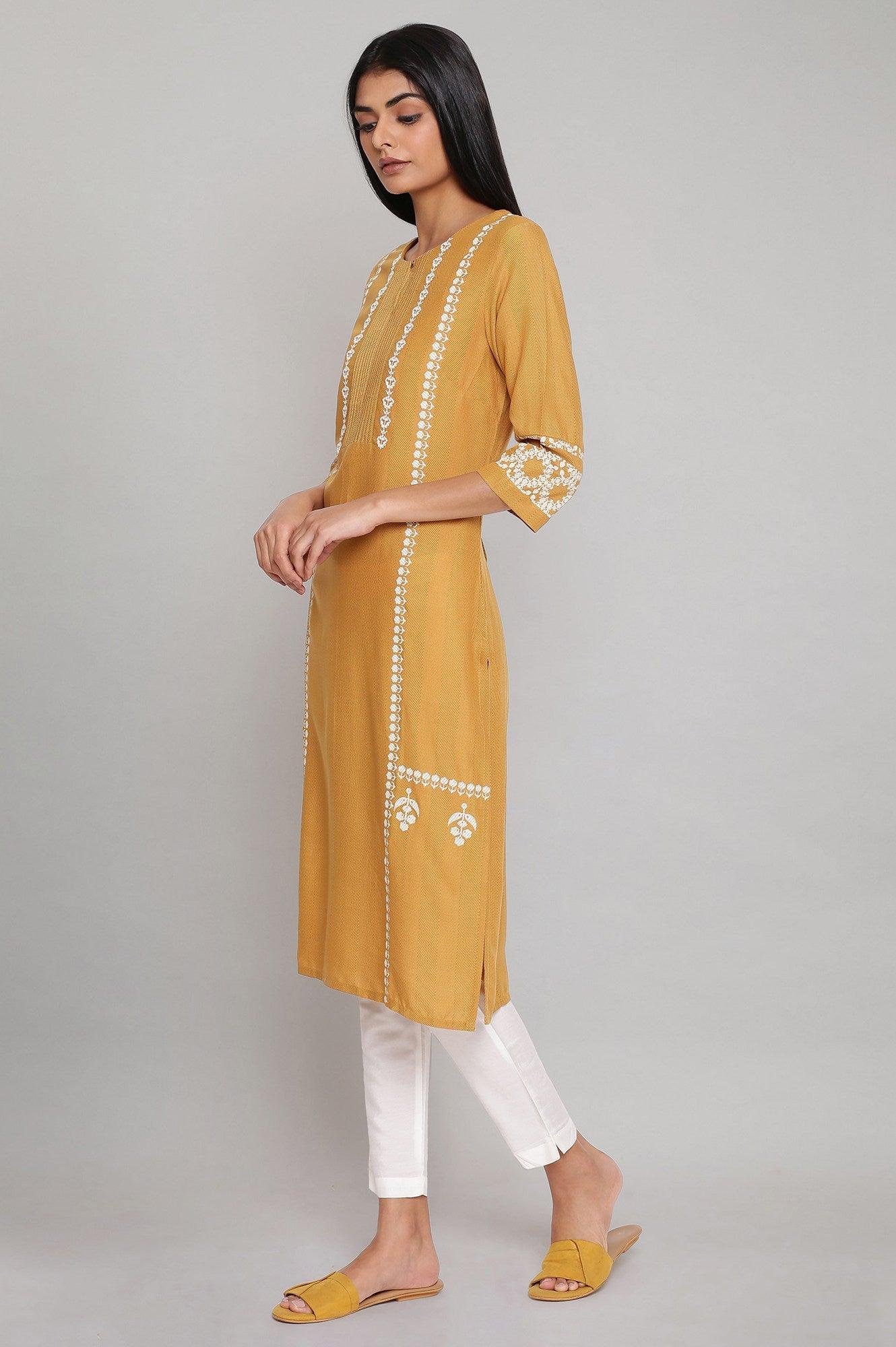 Yellow Placement Print kurta with Embroidery - wforwoman