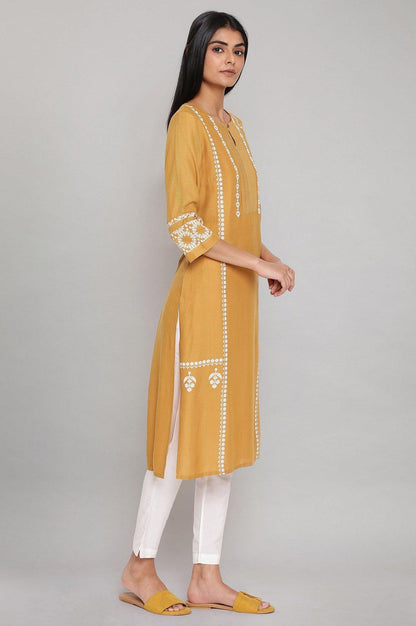 Yellow Placement Print kurta with Embroidery - wforwoman