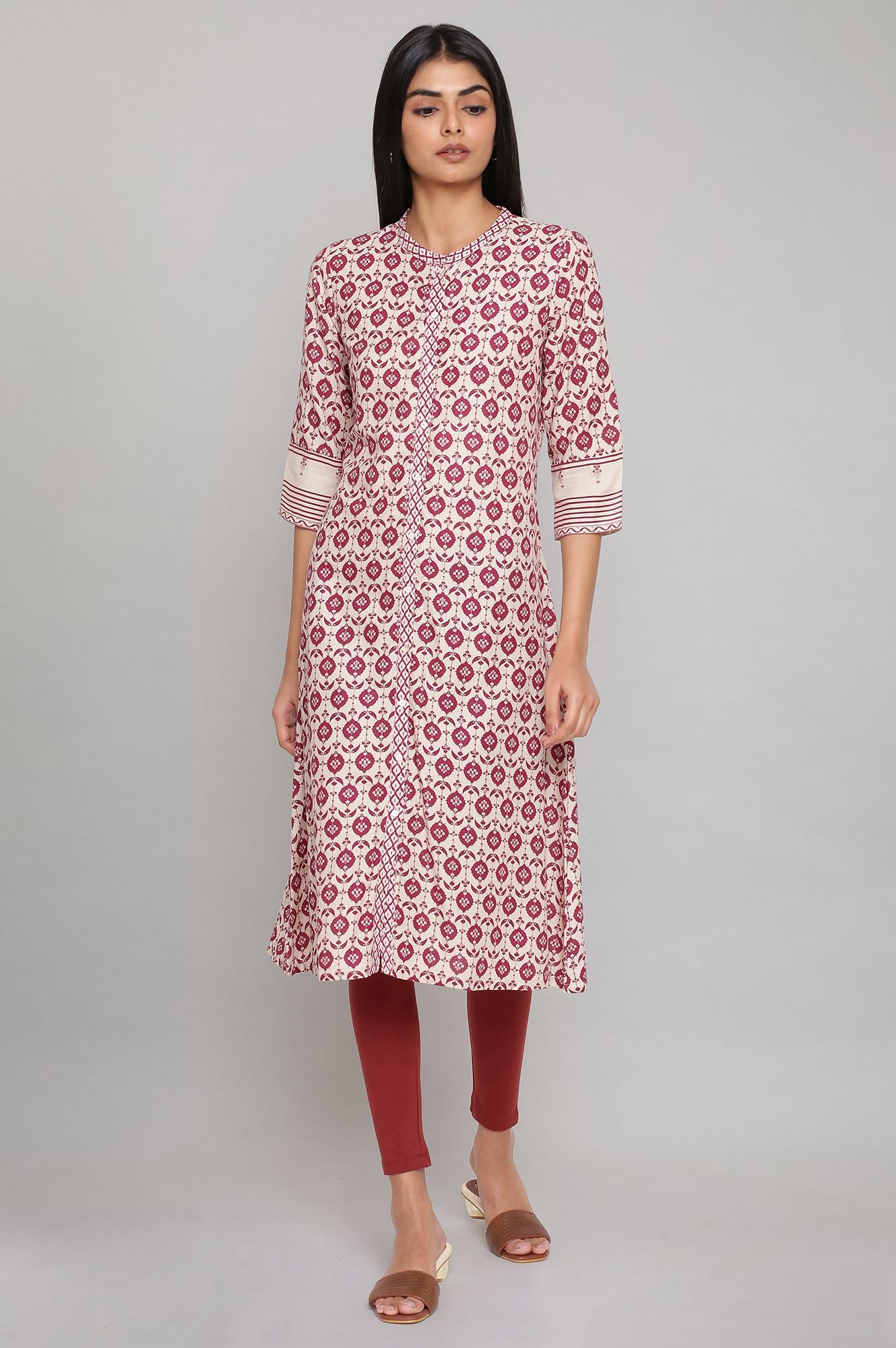 Maroon Printed Full Placket kurta