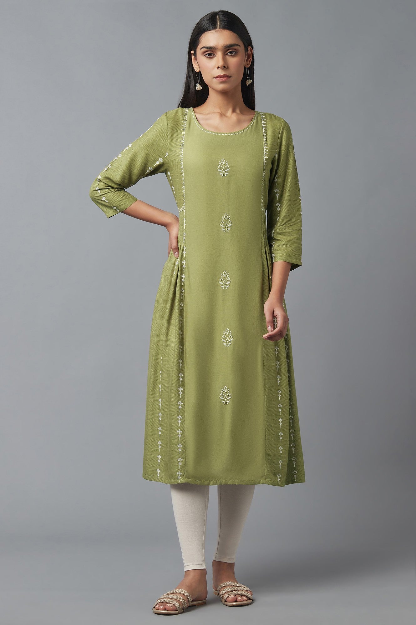 Olive Green Pleated kurta with Embroidery