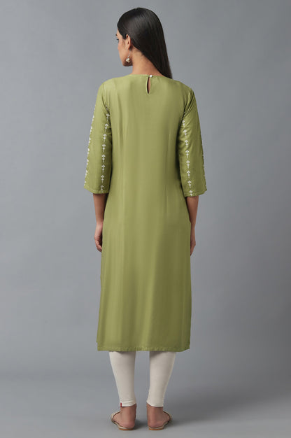 Olive Green Pleated kurta with Embroidery