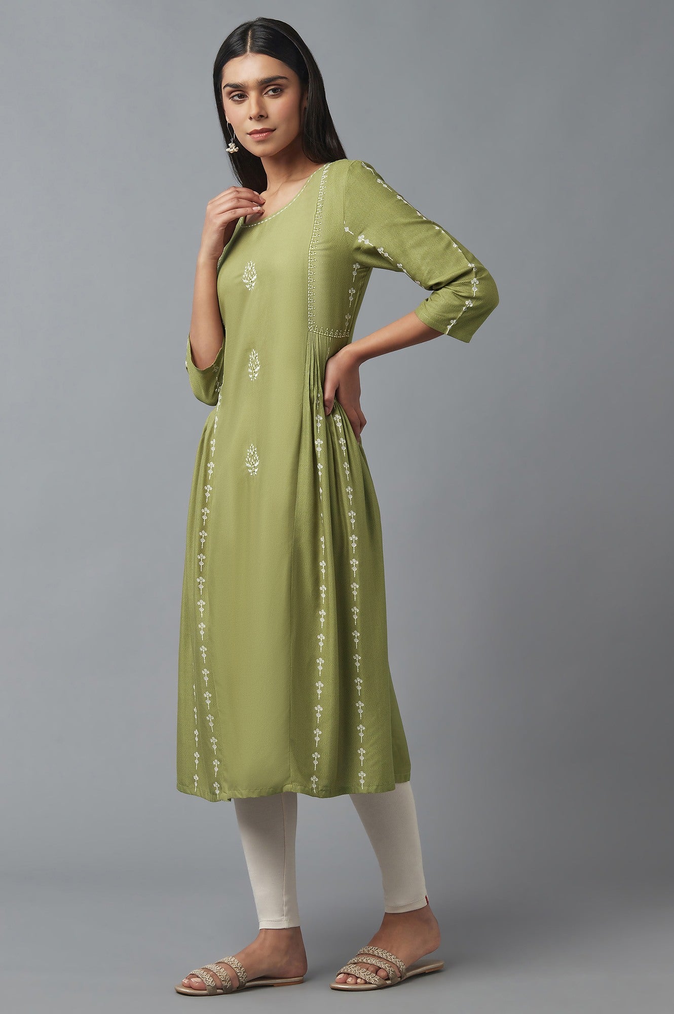 Olive Green Pleated kurta with Embroidery