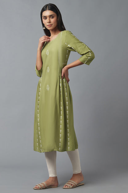 Olive Green Pleated kurta with Embroidery