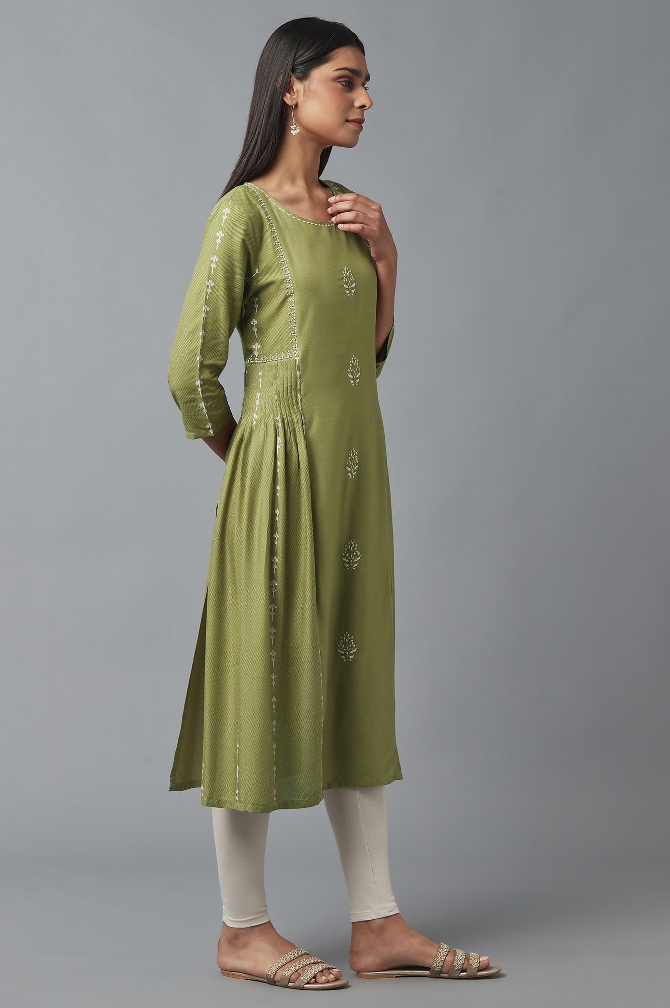 Olive Green Pleated kurta with Embroidery