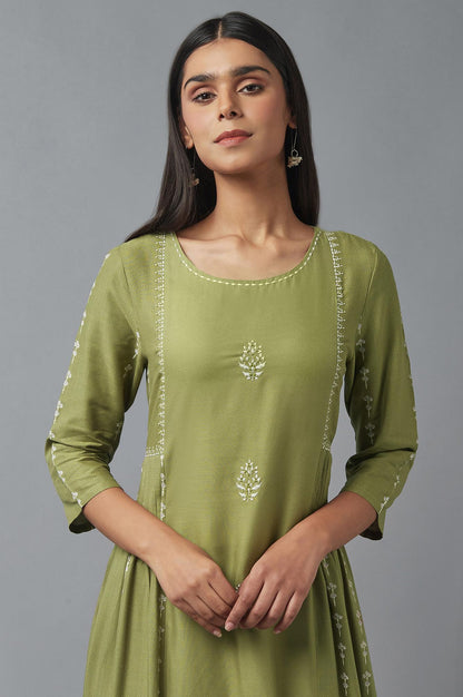 Olive Green Pleated kurta with Embroidery