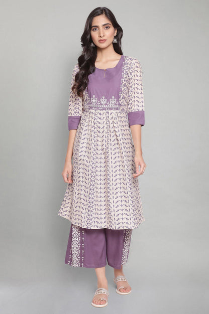 Ecru and Purple Gathered kurta - wforwoman