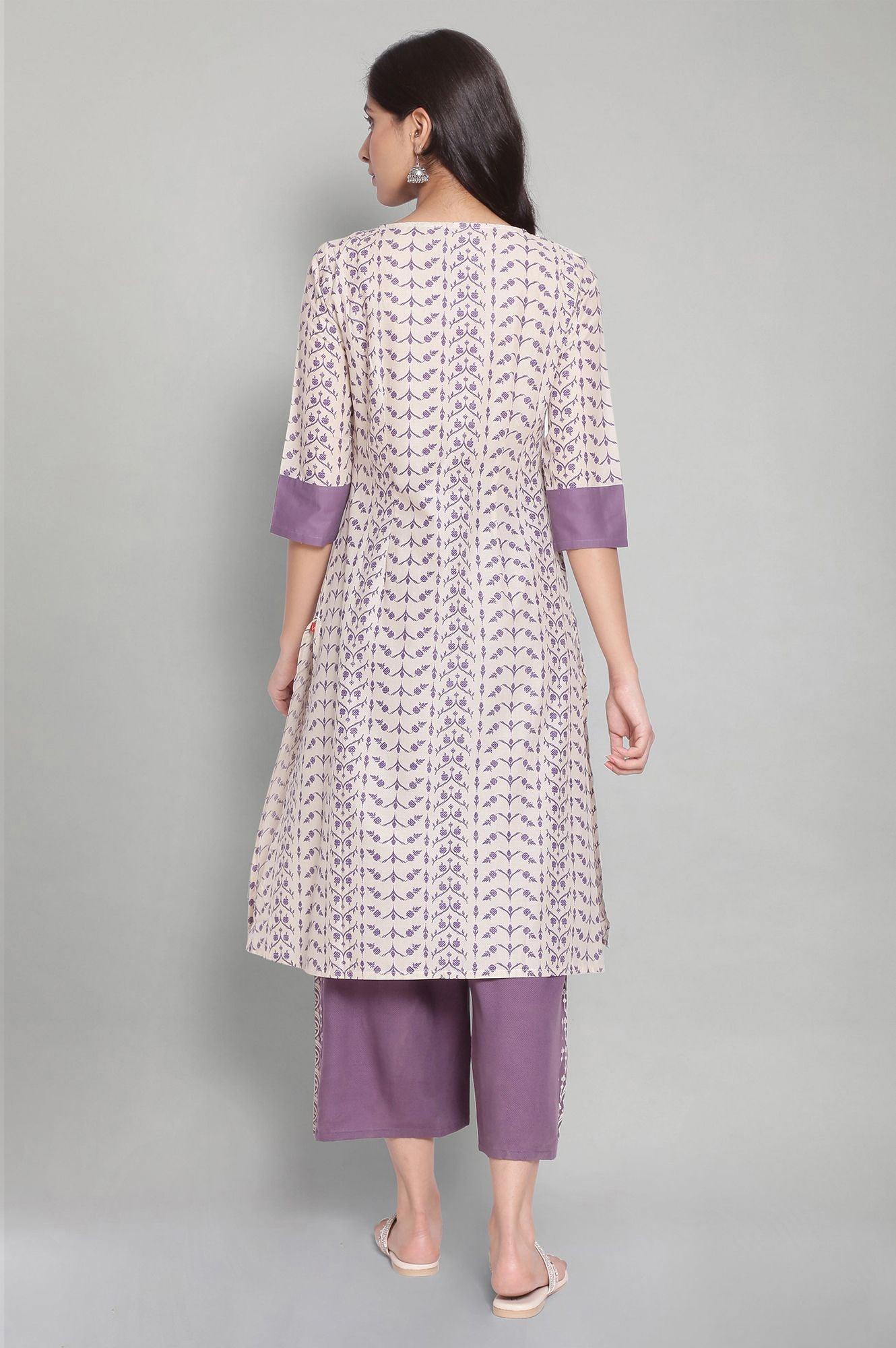 Ecru and Purple Gathered kurta - wforwoman