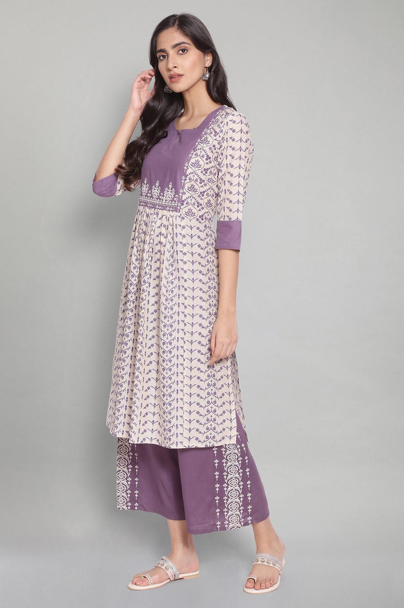 Ecru and Purple Gathered kurta - wforwoman