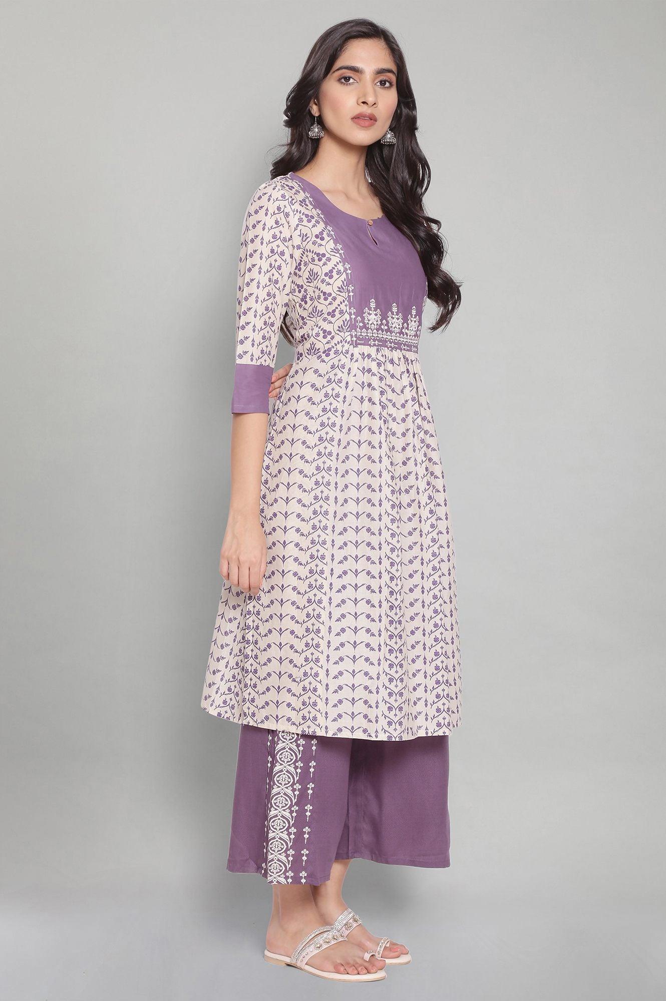 Ecru and Purple Gathered kurta - wforwoman